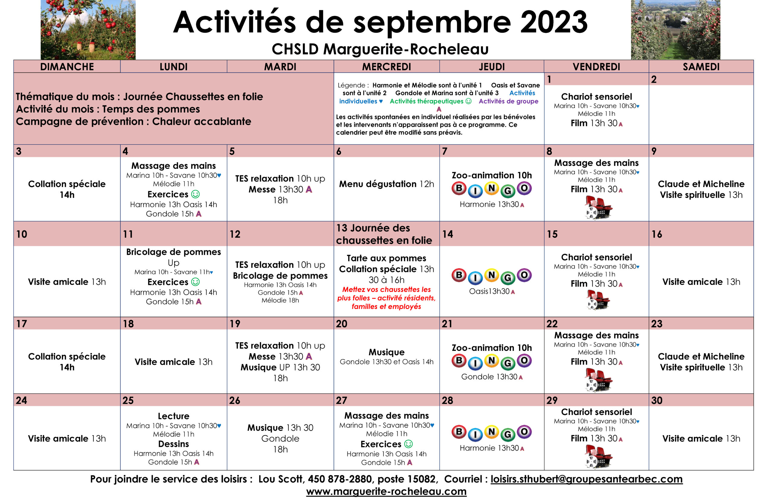 Calendrier des loisirs du mois de septembre 2023 pour les résidents du CHSLD Marguerite-Rocheleau