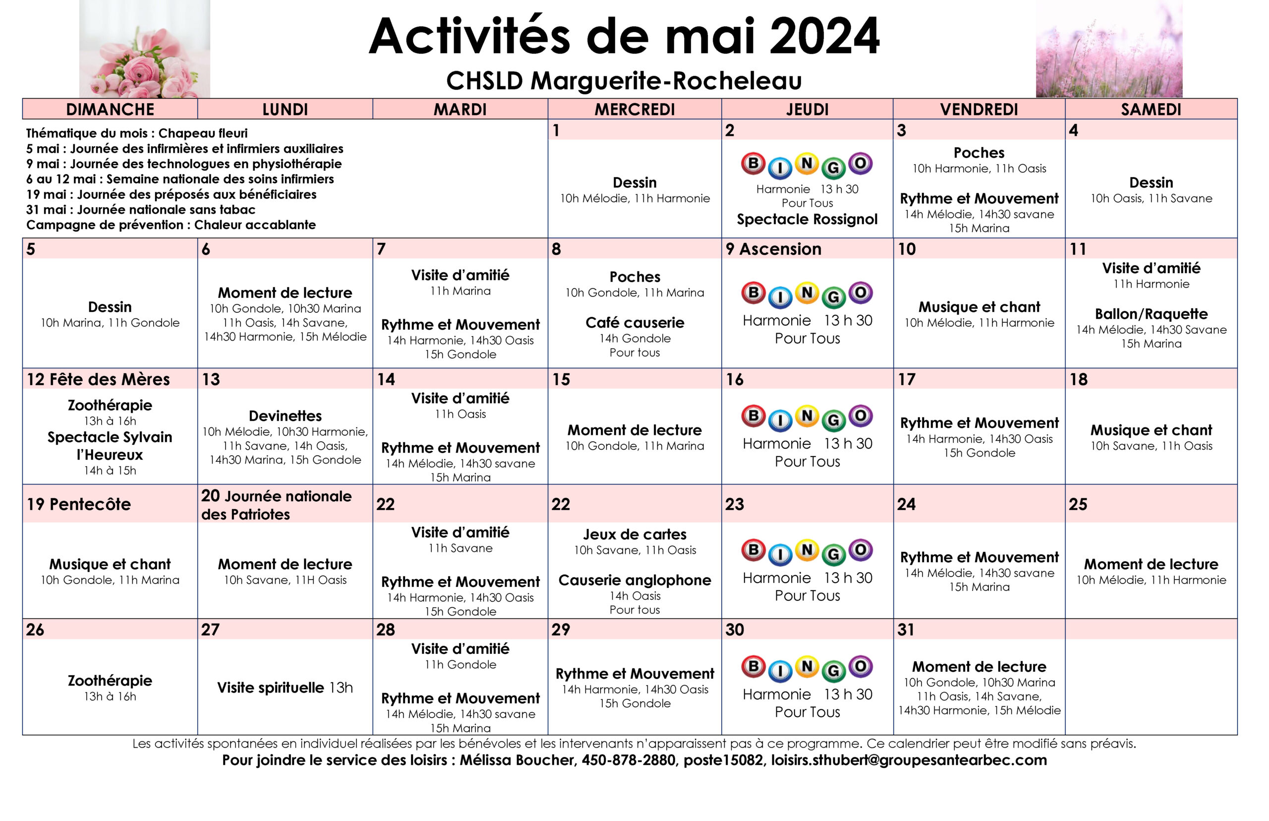 Calendrier des loisirs du mois de mai 2024 pour les résidents du CHSLD Marguerite-Rocheleau
