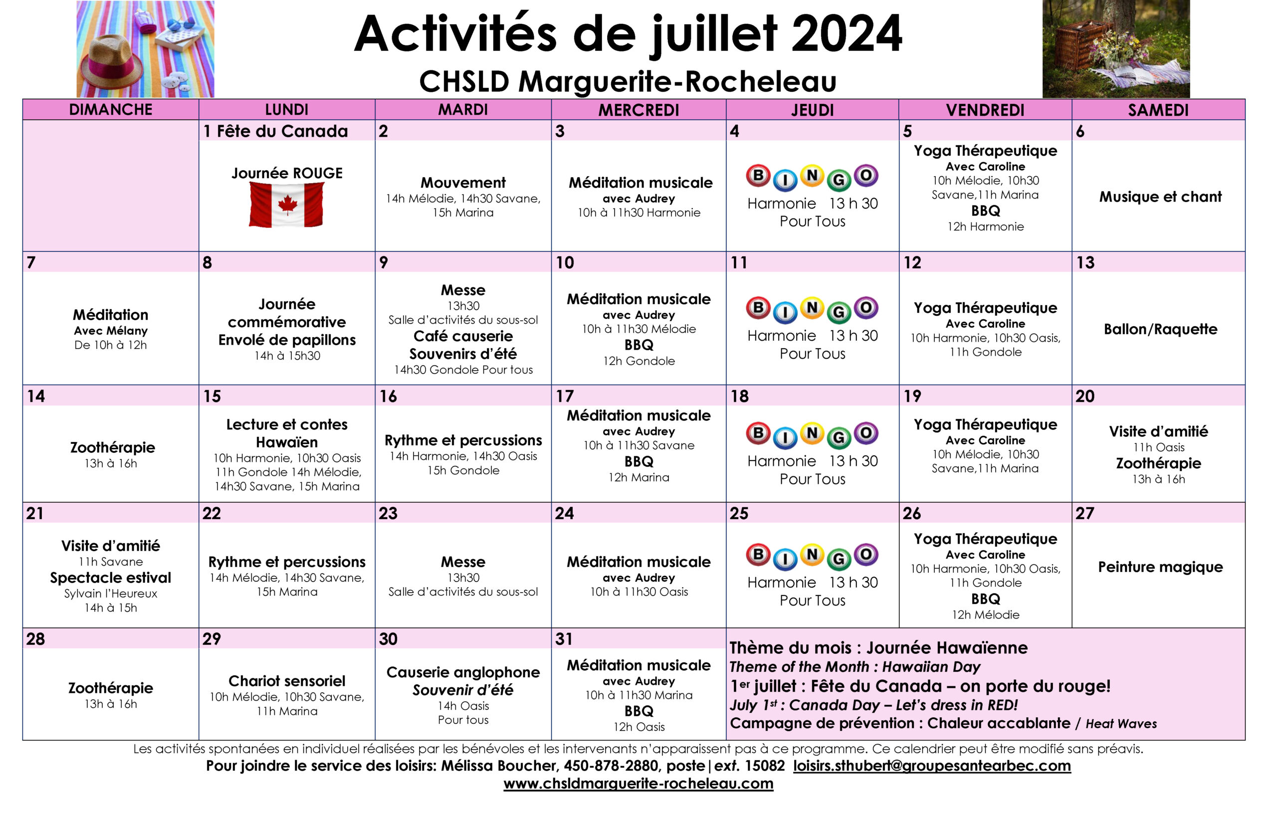 Calendrier des loisirs du mois de juillet 2024 pour les résidents du CHSLD Marguerite-Rocheleau