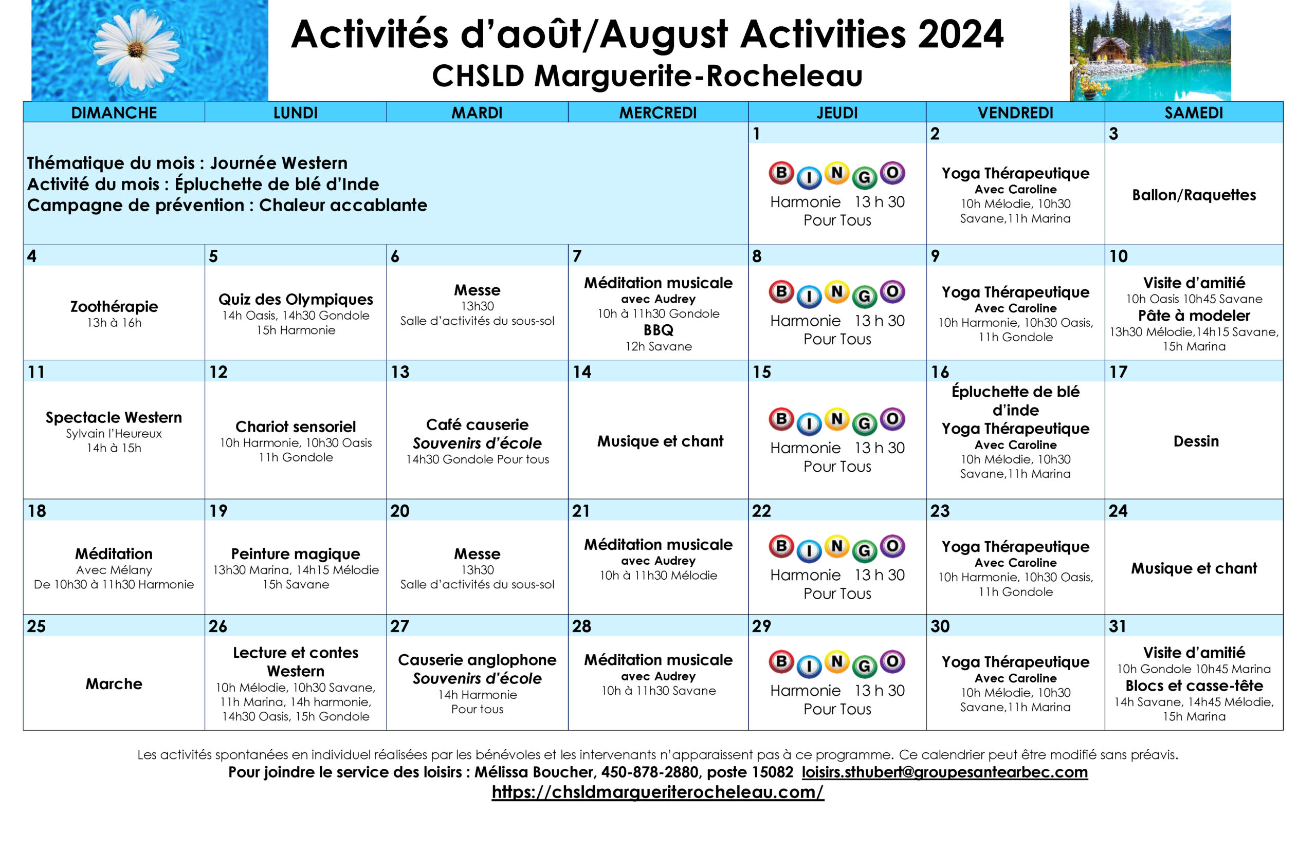 Calendrier des loisirs du mois d'août 2024 pour les résidents du CHSLD Marguerite-Rocheleau