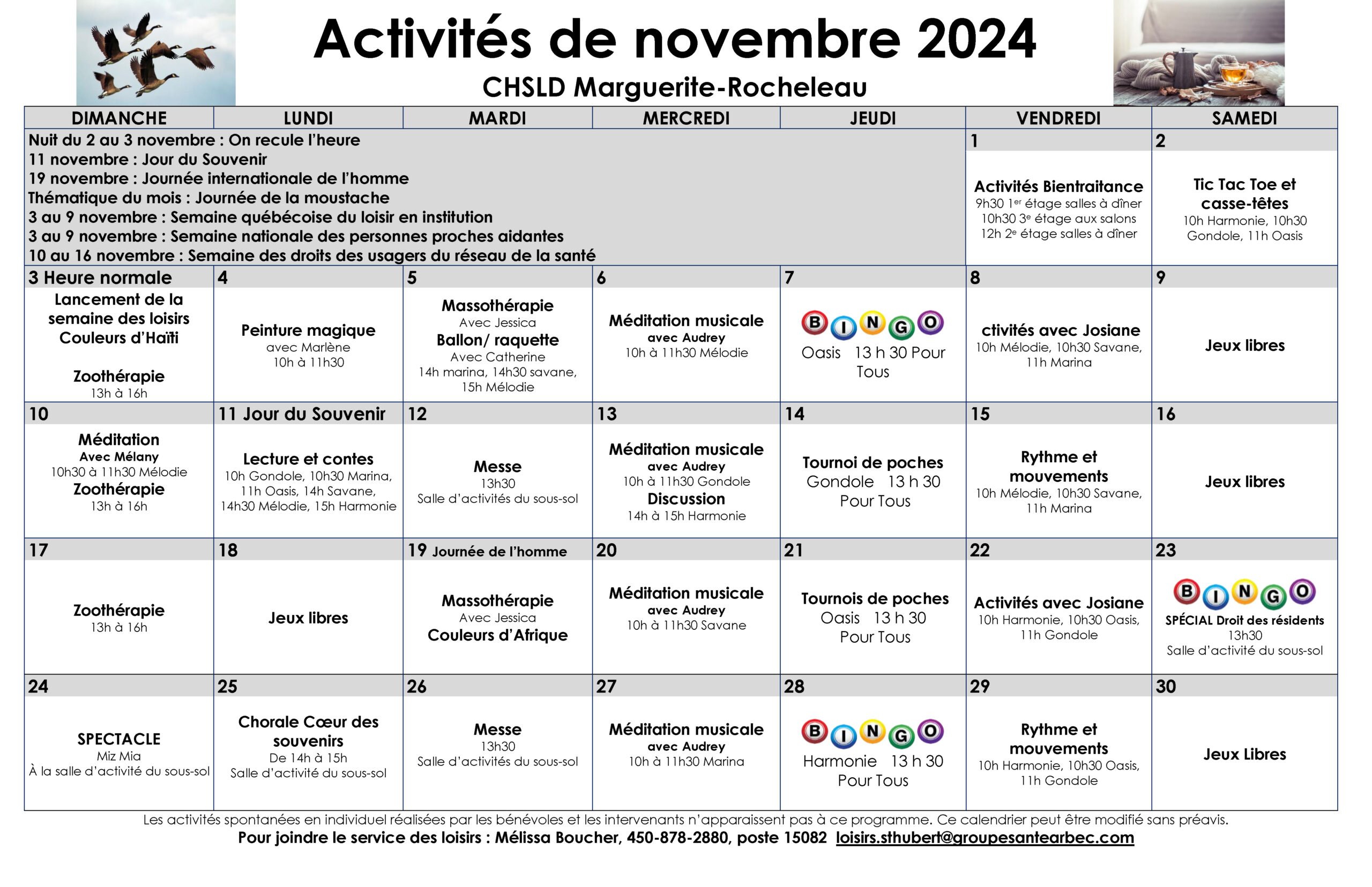 Calendrier des loisirs du mois de novembre 2024 pour les résidents du CHSLD Marguerite-Rocheleau