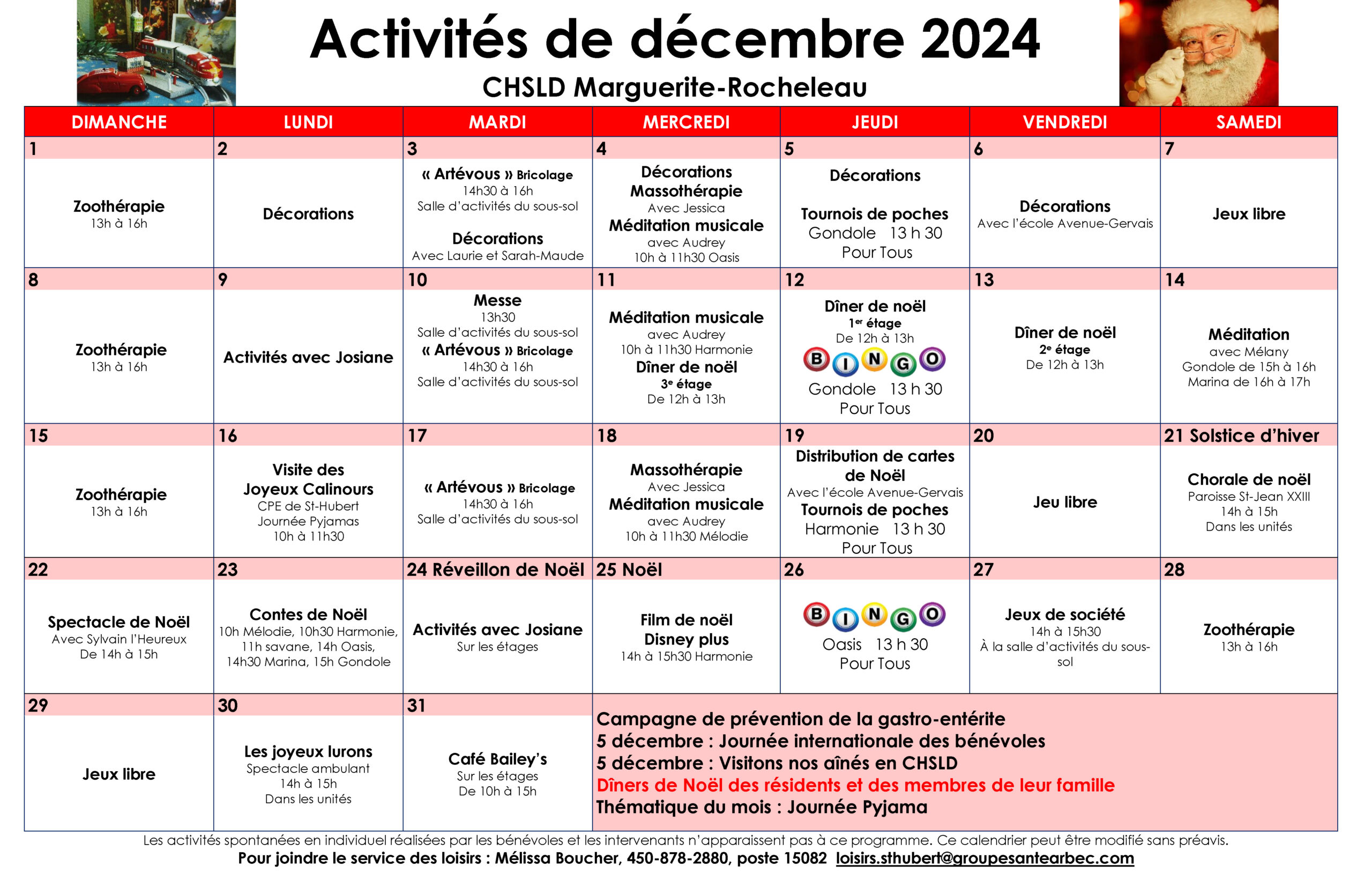 Calendrier des loisirs du mois de décembre 2024 pour les résidents du CHSLD Marguerite-Rocheleau