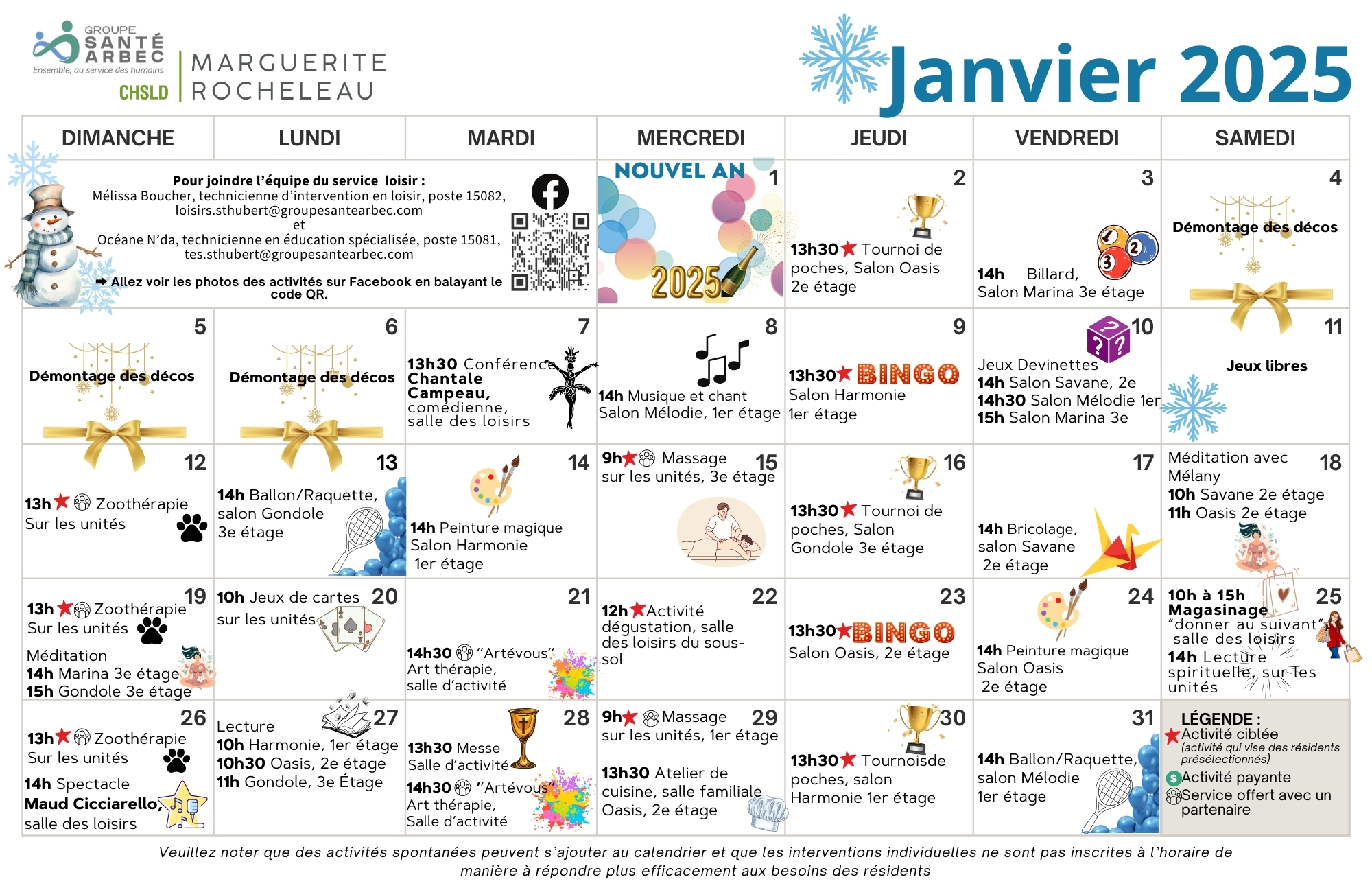 Calendrier des loisirs du mois de janvier 2025 pour les résidents du CHSLD Marguerite-Rocheleau