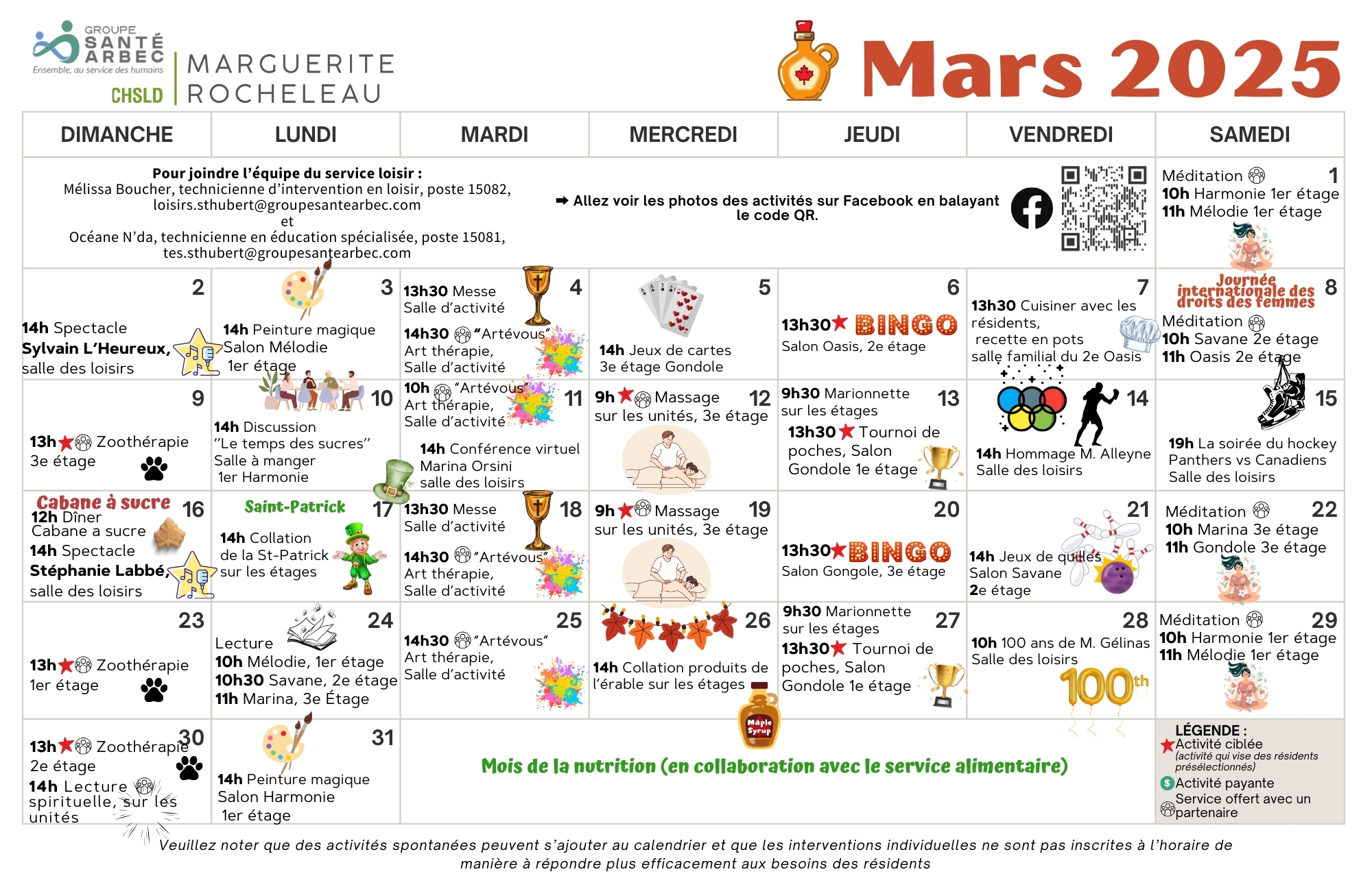 Calendrier des loisirs du mois de mars 2025 pour les résidents du CHSLD Marguerite-Rocheleau