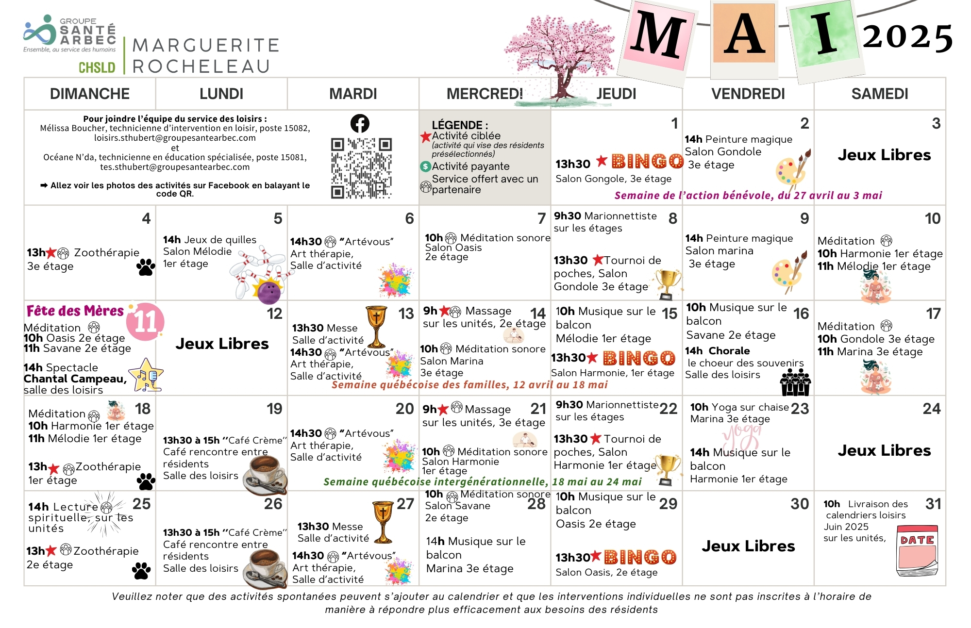 Calendrier des loisirs du mois de mai 2025 pour les résidents du CHSLD Marguerite-Rocheleau