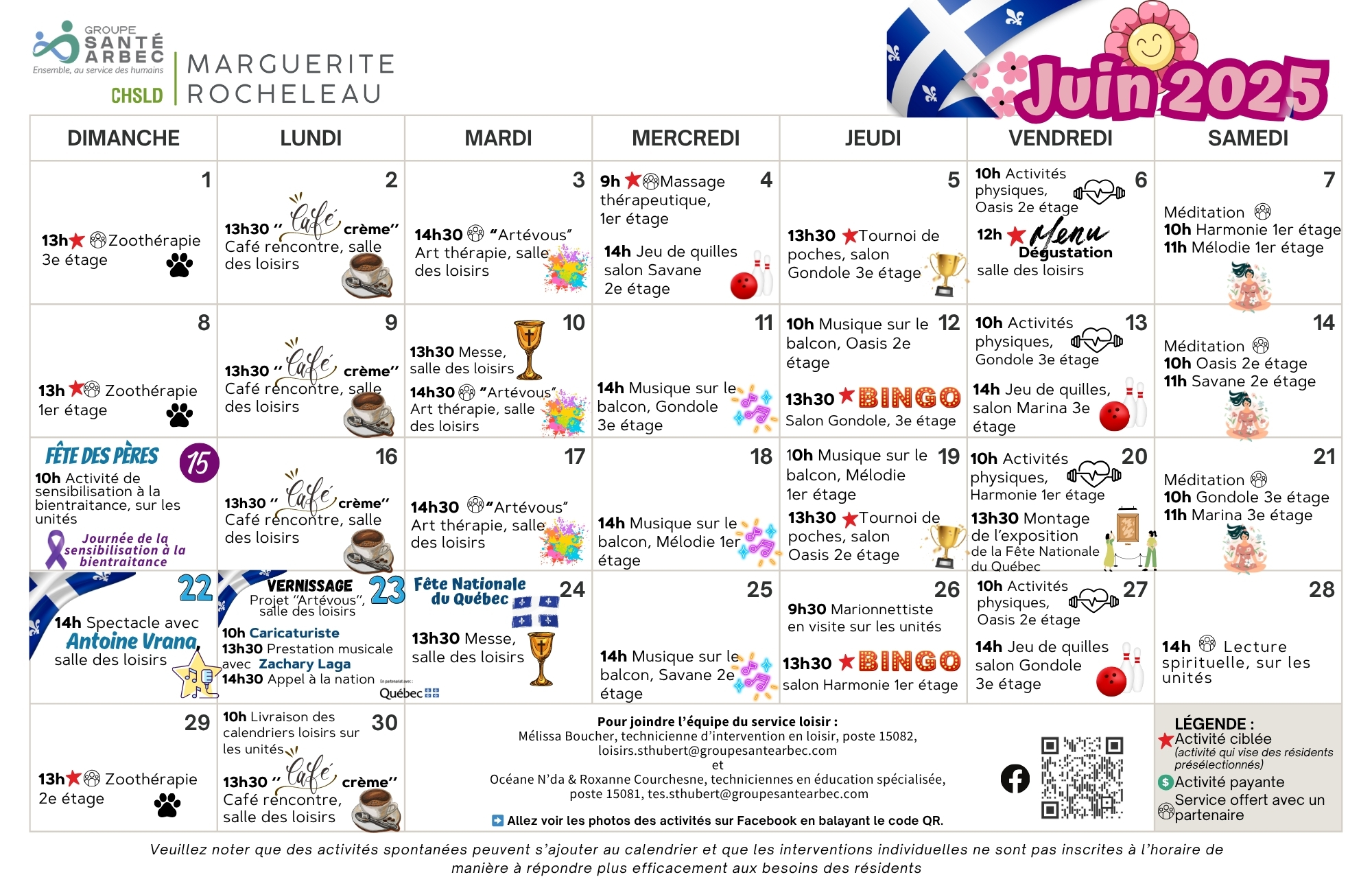 Calendrier des loisirs du mois de juin 2025 pour les résidents du CHSLD Marguerite-Rocheleau