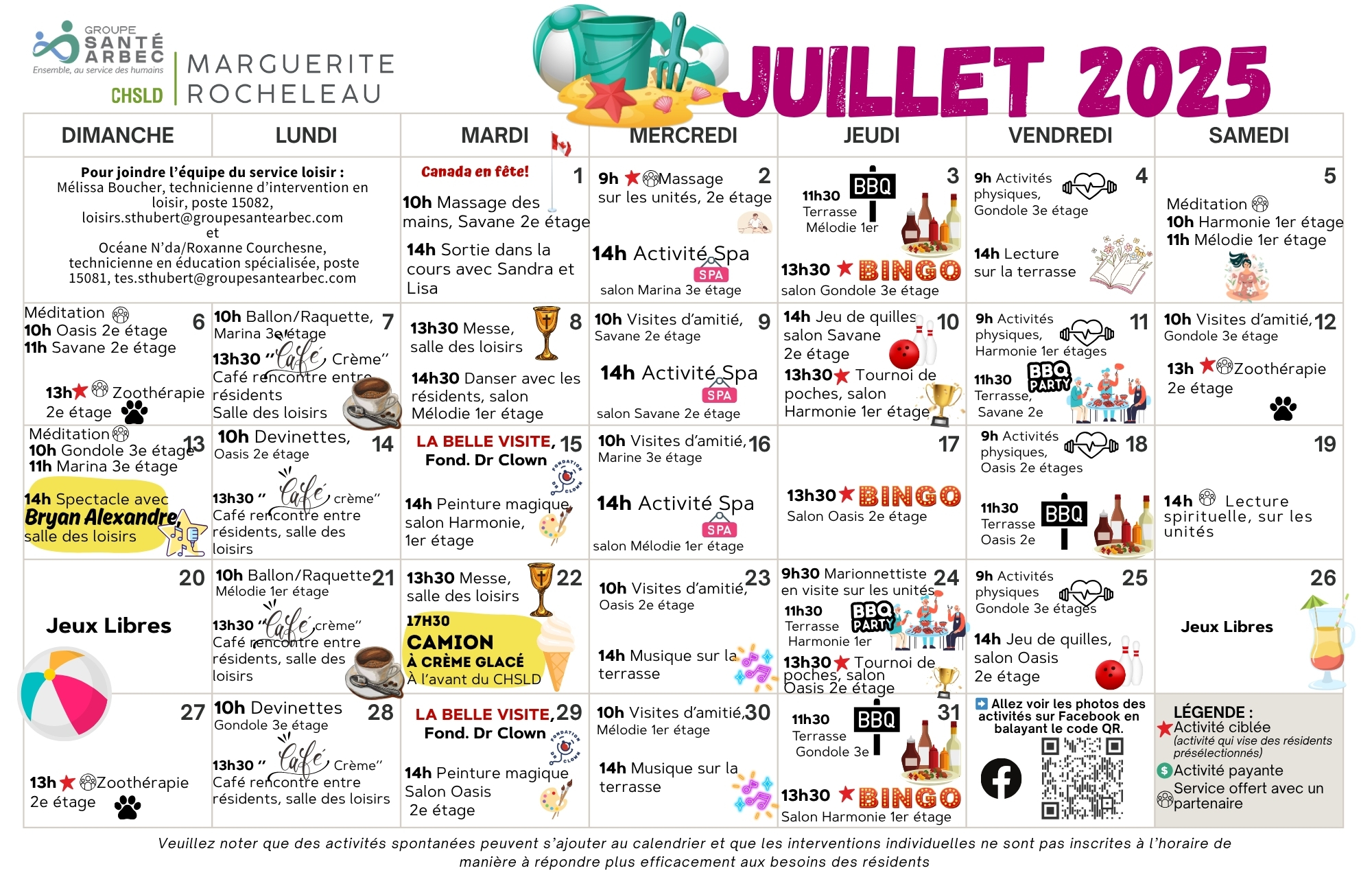 Calendrier des loisirs du mois de juillet 2025 pour les résidents du CHSLD Marguerite-Rocheleau