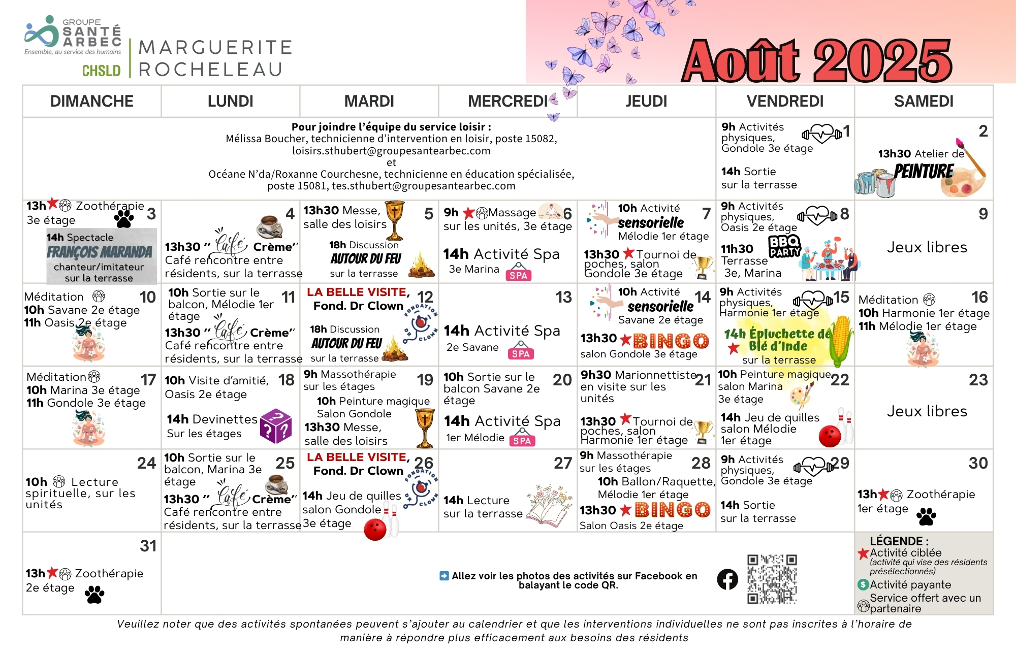 Calendrier des loisirs du mois d'août 2025 pour les résidents du CHSLD Marguerite-Rocheleau