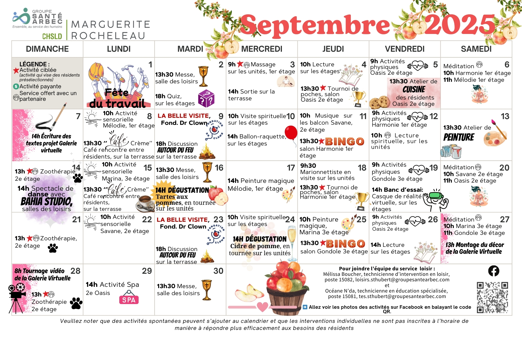 Activités de loisirs du mois de septembre 2025 pour les résidents du CHSLD Marguerite-Rocheleau