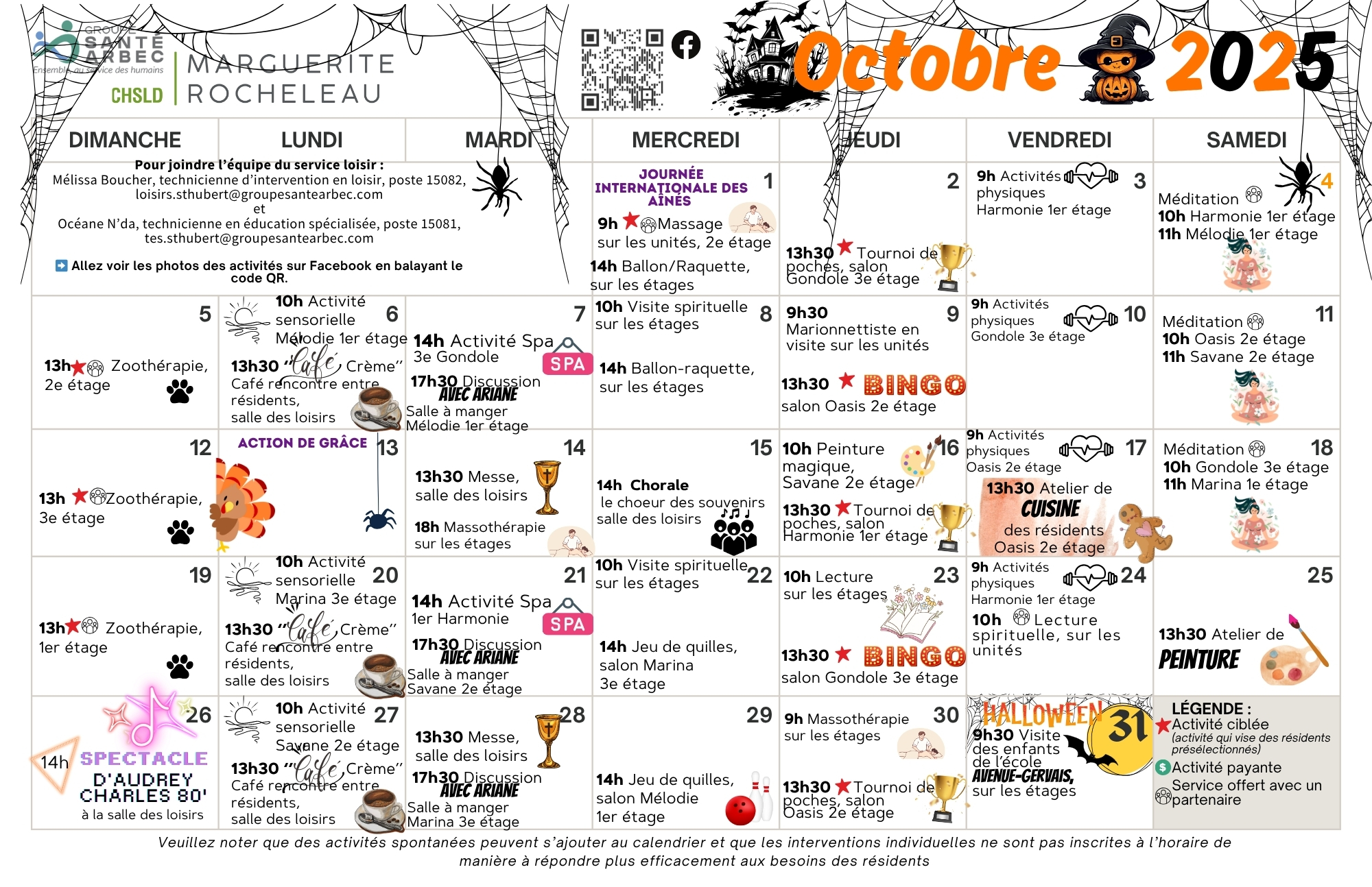 Activités de loisirs du mois d'octobre 2025 pour les résidents du CHSLD Marguerite-Rocheleau