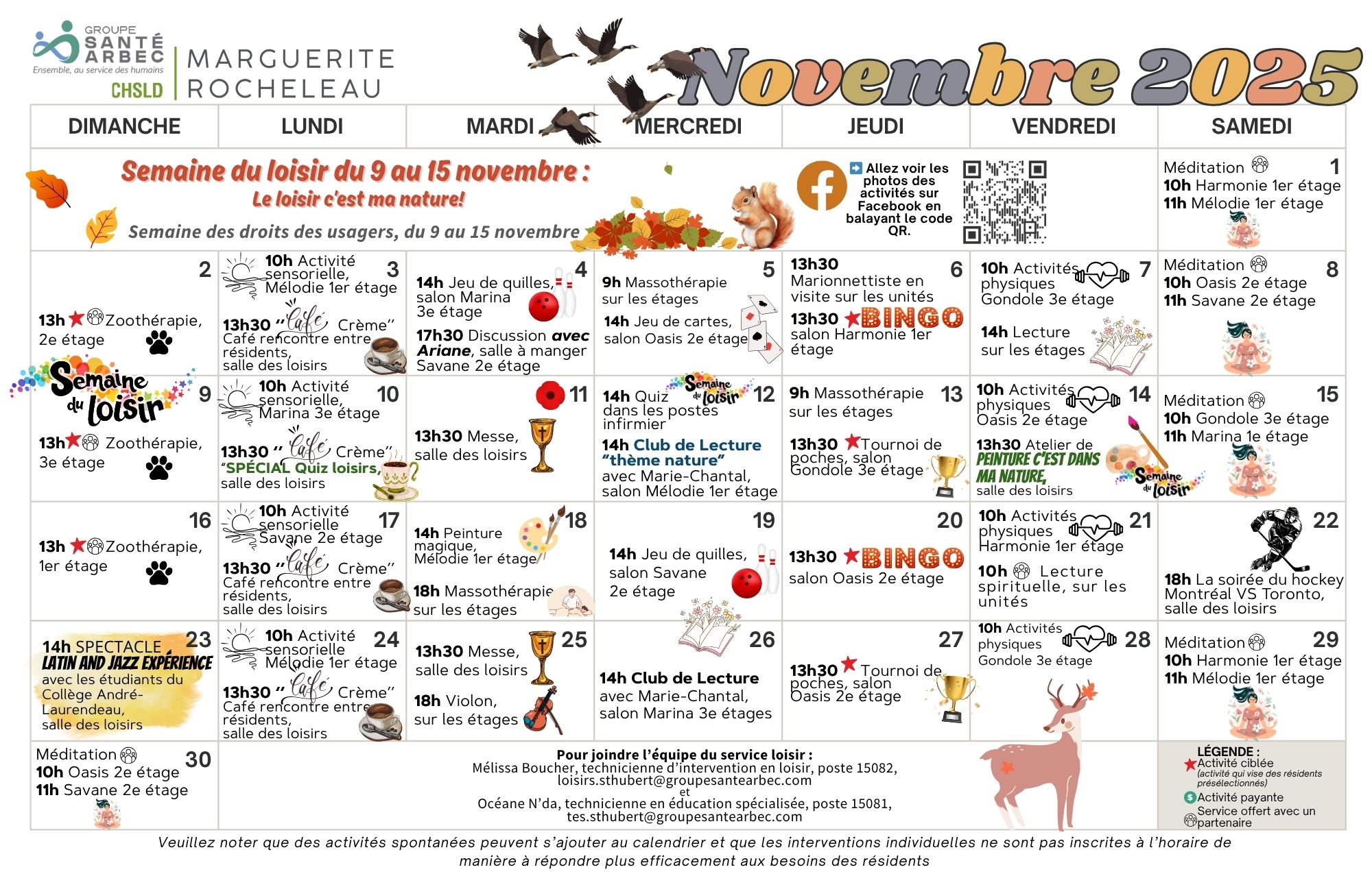 Activités de loisirs du mois de novembre 2025 pour les résidents du CHSLD Marguerite-Rocheleau