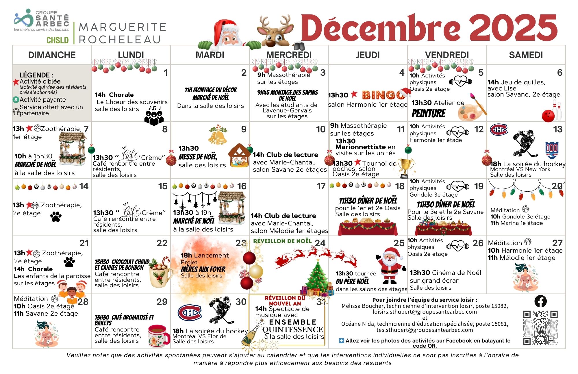 Activités de loisirs du mois de décembre 2025 pour les résidents du CHSLD Marguerite-Rocheleau