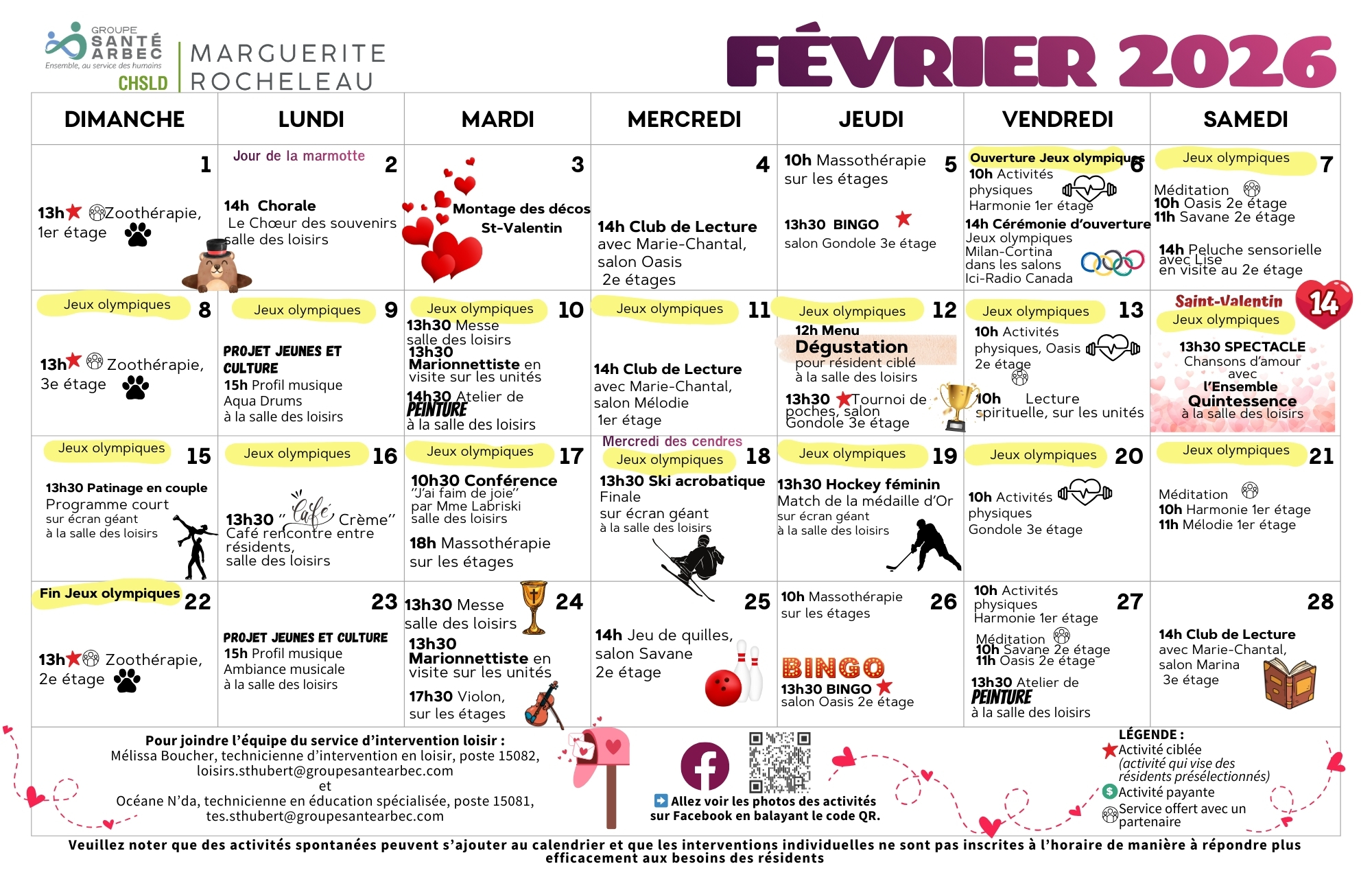 Activités de loisirs du mois de février 2026 pour les résidents du CHSLD Marguerite-Rocheleau