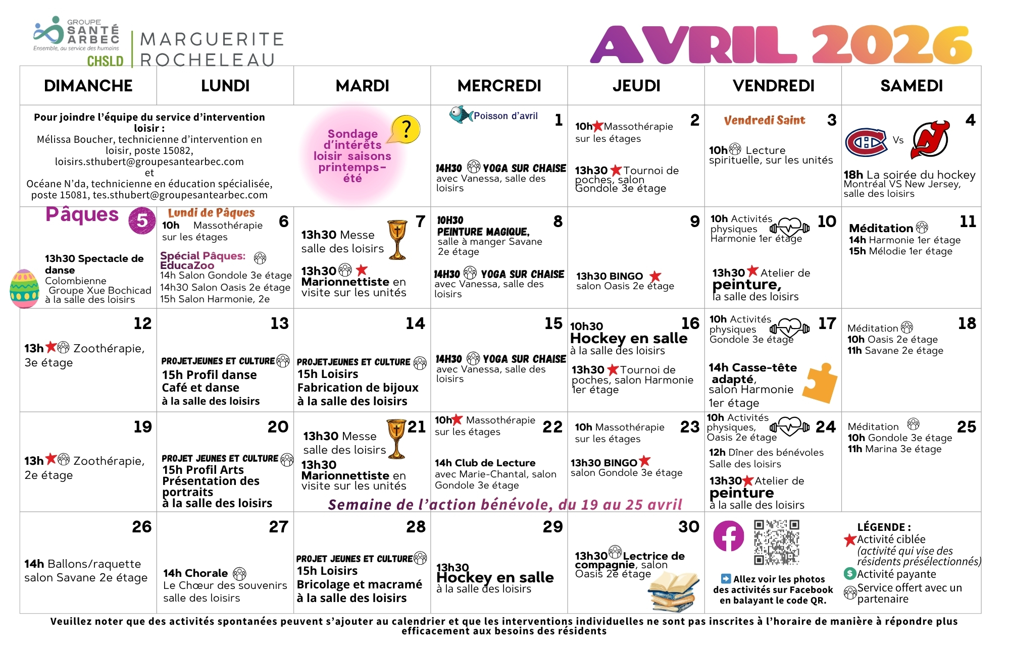 Activités de loisirs du mois d'avril 2026 pour les résidents du CHSLD Marguerite-Rocheleau