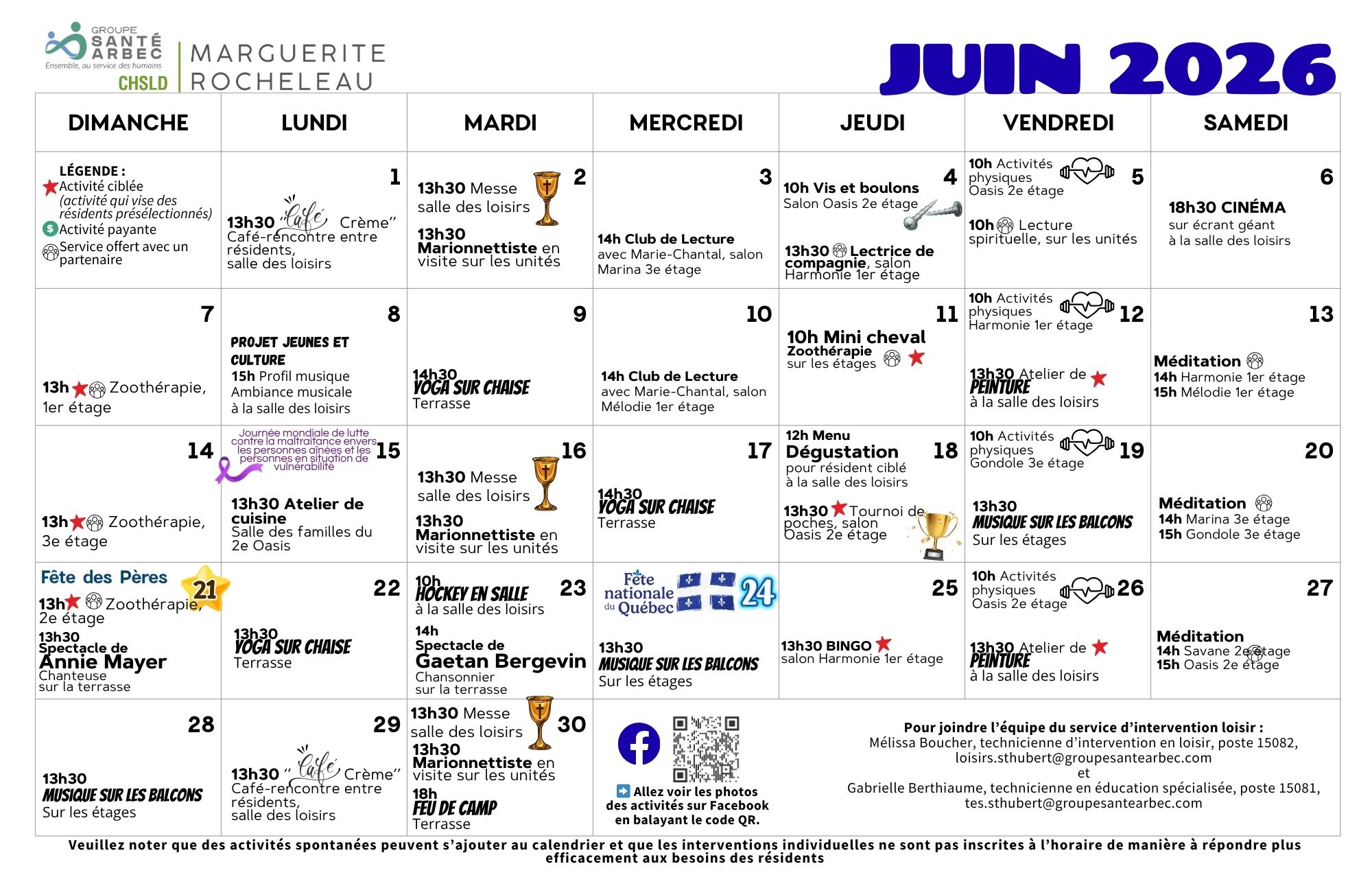 Activités de loisirs du mois de juin 2026 pour les résidents du CHSLD Marguerite-Rocheleau