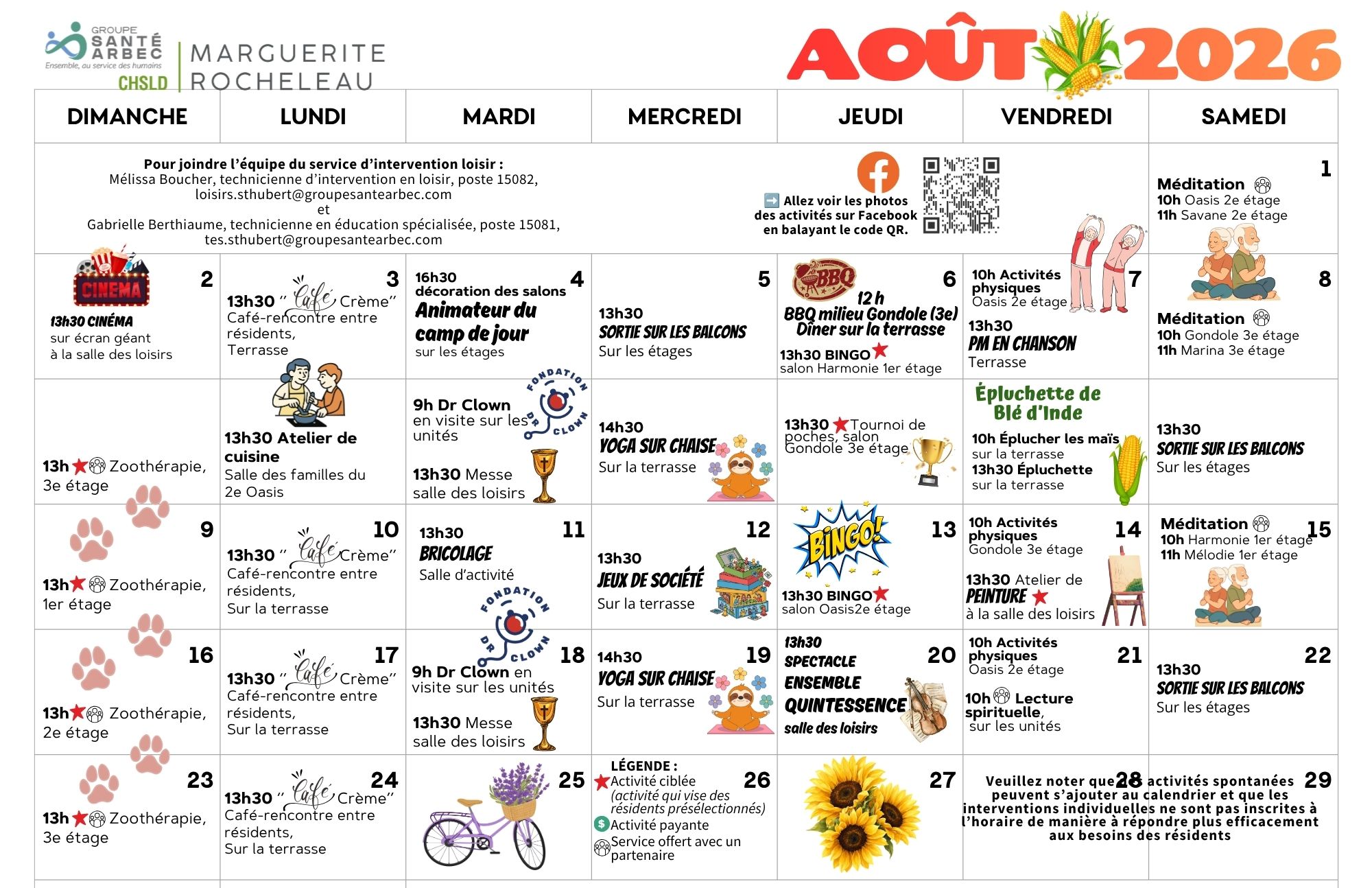 Activités de loisirs du mois d'août 2026 pour les résidents du CHSLD Marguerite-Rocheleau